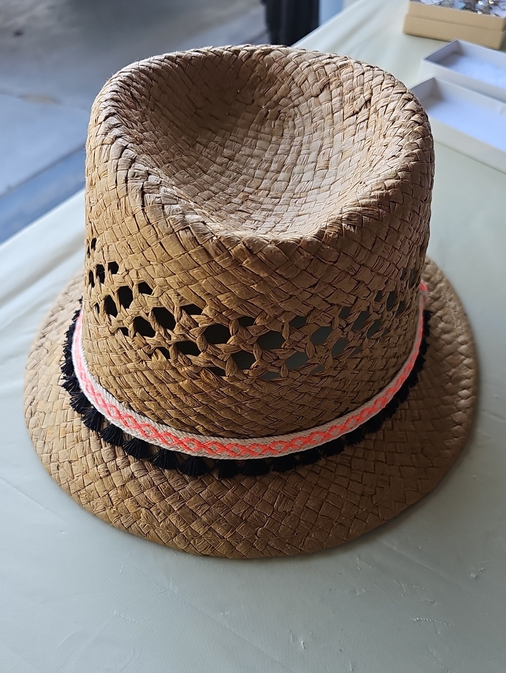 Straw Fedora Hat with Neon Accent - Brown